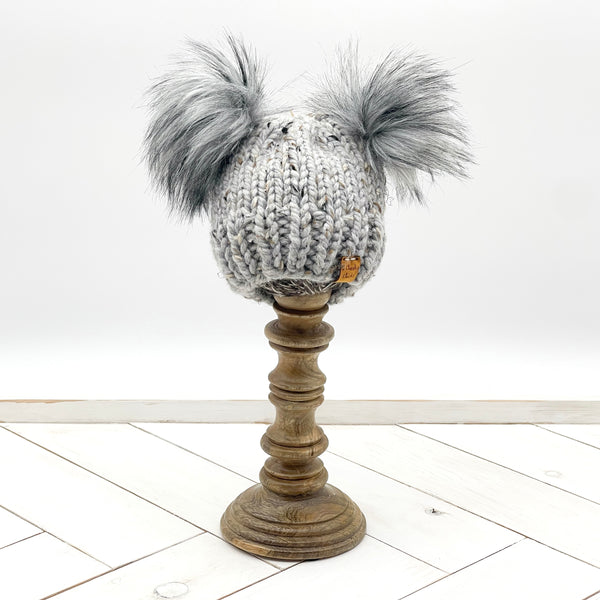 0 - 3 months GREY MARBLE Classic Hat with Double Faux Fur Poms