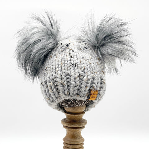 0 - 3 months GREY MARBLE Classic Hat with Double Faux Fur Poms