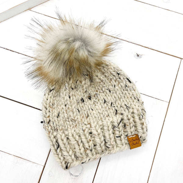 6 - 12 months OATMEAL Classic Hat with Faux Fur Pom