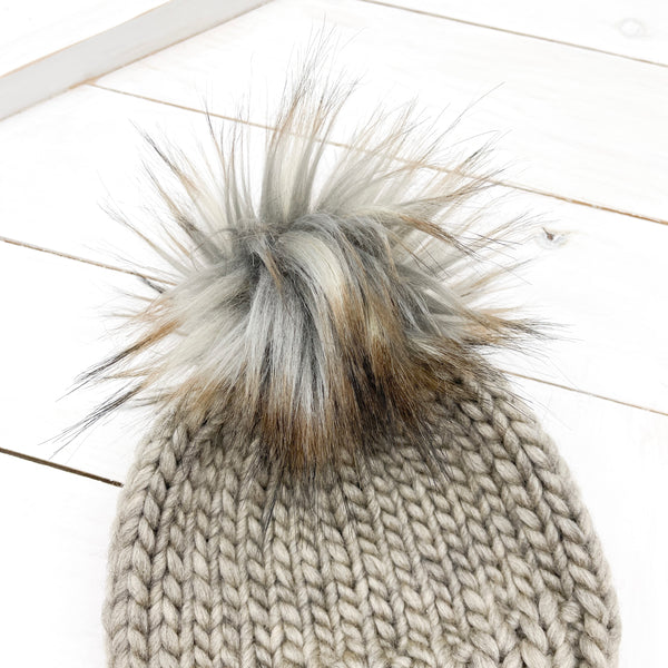 6 - 12 months GREIGE Classic Hat with Faux Fur Pom