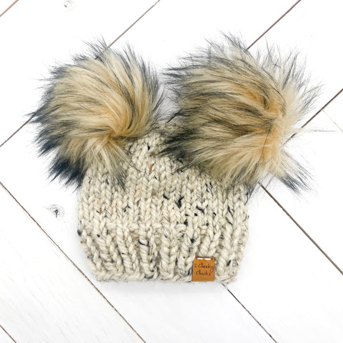 0 - 3 months OATMEAL Classic Hat with Double Faux Fur Poms