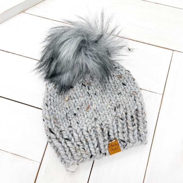 6 - 12 months GREY MARBLE Classic Hat with Faux Fur Pom