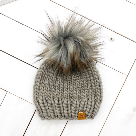 6 - 12 months GREIGE Classic Hat with Faux Fur Pom