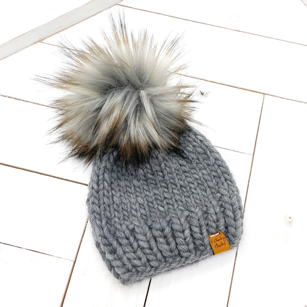 6 - 12 months CHARCOAL WOOL Classic Hat with Faux Fur Pom
