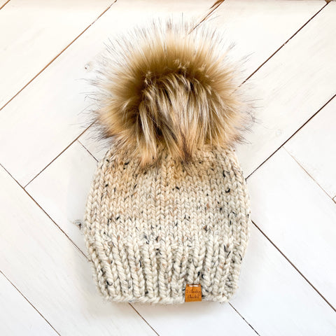 Child (4 - 8 years old) OATMEAL Classic Hat with Faux Fur Pom (Jumbo)